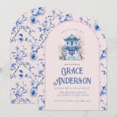 Roze & Blauwe Chinoiserie Pagoda Tea Uitnodiging (Voorkant / Achterkant)