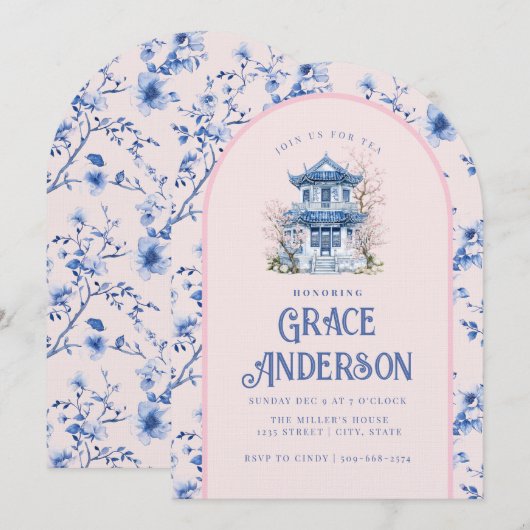 Roze & Blauwe Chinoiserie Pagoda Tea Uitnodiging (Voorkant / Achterkant)