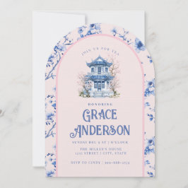 Roze & Blauwe Chinoiserie Pagoda Tea Uitnodiging