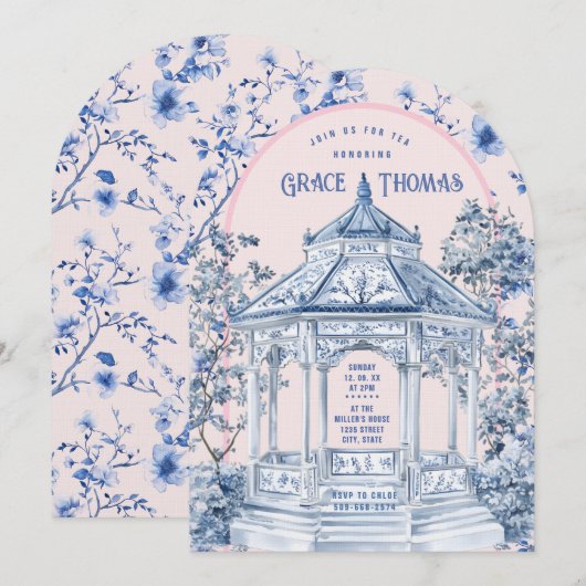 Roze & Blauwe Chinoiserie Pagoda Tea Uitnodiging (Voorkant / Achterkant)