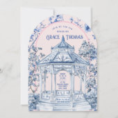 Roze & Blauwe Chinoiserie Pagoda Tea Uitnodiging (Voorkant)