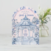 Roze & Blauwe Chinoiserie Pagoda Tea Uitnodiging (Staand voorkant)
