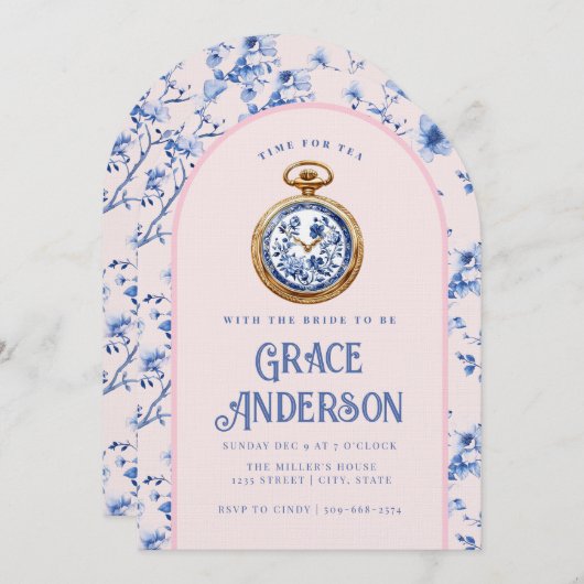 Roze & Blauwe Chinoiserie Pocket Watch Tea Kaart (Voorkant / Achterkant)