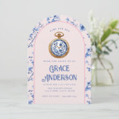 Roze & Blauwe Chinoiserie Pocket Watch Tea Kaart (Staand voorkant)