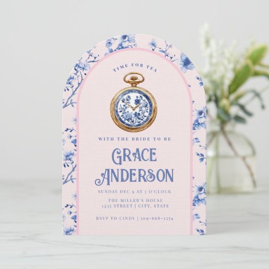 Roze & Blauwe Chinoiserie Pocket Watch Tea Kaart (Staand voorkant)