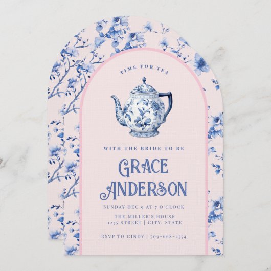 Roze & Blauwe Chinoiserie Tea Pot Tea Kaart (Voorkant / Achterkant)