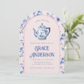 Roze & Blauwe Chinoiserie Tea Pot Tea Kaart (Staand voorkant)