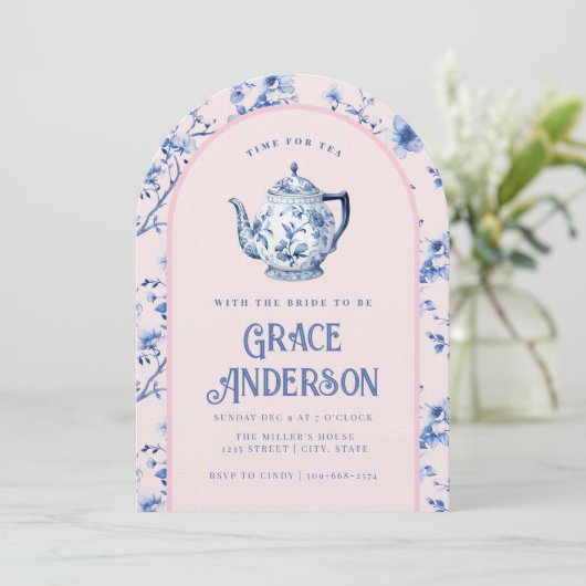 Roze & Blauwe Chinoiserie Tea Pot Tea Kaart (Staand voorkant)