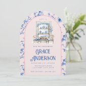 Roze & Blauwe Chinoiserie Tea Uitnodiging (Staand voorkant)