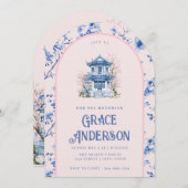 Roze & Blauwe Chinoiserie Tea Uitnodiging (Voorkant / Achterkant)