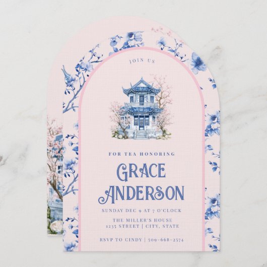 Roze & Blauwe Chinoiserie Tea Uitnodiging (Voorkant / Achterkant)