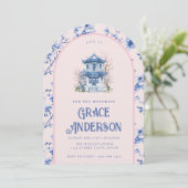 Roze & Blauwe Chinoiserie Tea Uitnodiging (Staand voorkant)
