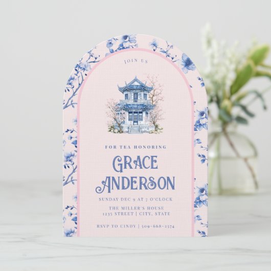 Roze & Blauwe Chinoiserie Tea Uitnodiging (Staand voorkant)