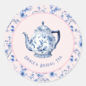 Roze & Blauwe Chinoiserie Theepot | bruidsthee Ronde Sticker (Voorkant)