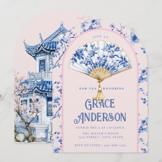  Roze & Blauwe Chinoiserie Waier | Bruilofts Thee  Kaart (Voorkant / Achterkant)