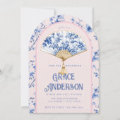 Roze & Blauwe Chinoiserie Waier | Bruilofts Thee Kaart (Voorkant)