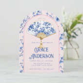 Roze & Blauwe Chinoiserie Waier | Bruilofts Thee Kaart (Staand voorkant)