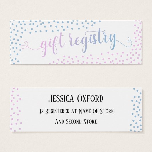 Roze blauwe Confetti Baby Cadeaubon Registry Hando Mini Visitekaartjes (Voorkant /achterkant)