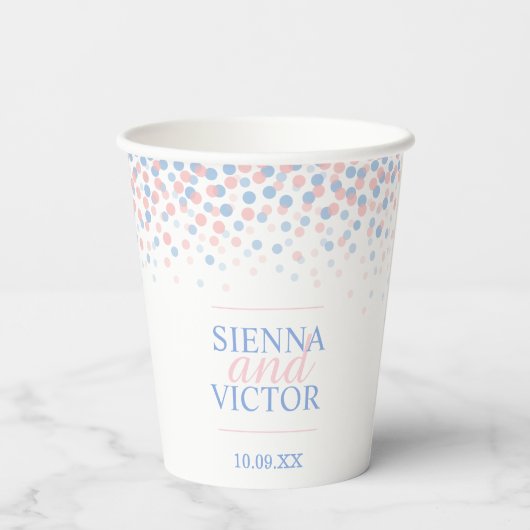 Roze blauwe confetti bruiloft, aangepaste papierbe papieren bekers (Achterkant)