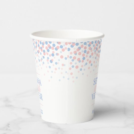 Roze blauwe confetti bruiloft, aangepaste papierbe papieren bekers (Rechts)