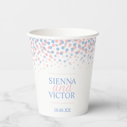 Roze blauwe confetti bruiloft, aangepaste papierbe papieren bekers (Voorkant)