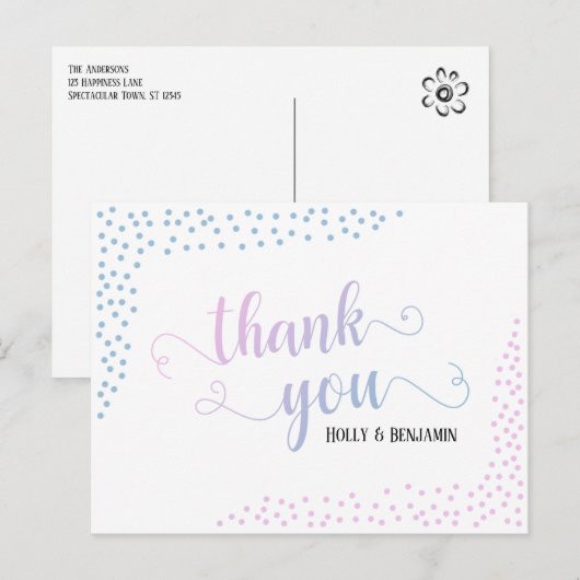 Roze Blauwe Confetti Typografie Baby Bedankt Briefkaart (Voorkant / Achterkant)
