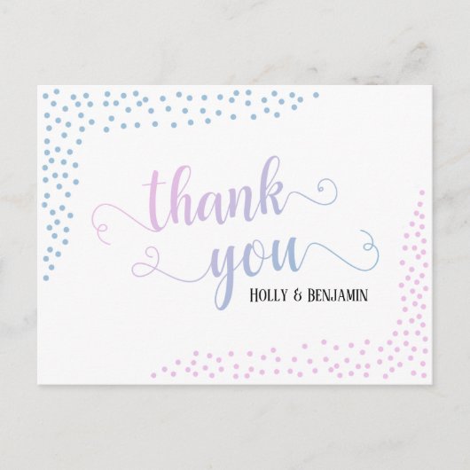 Roze Blauwe Confetti Typografie Baby Dank Je Briefkaart (Voorkant)