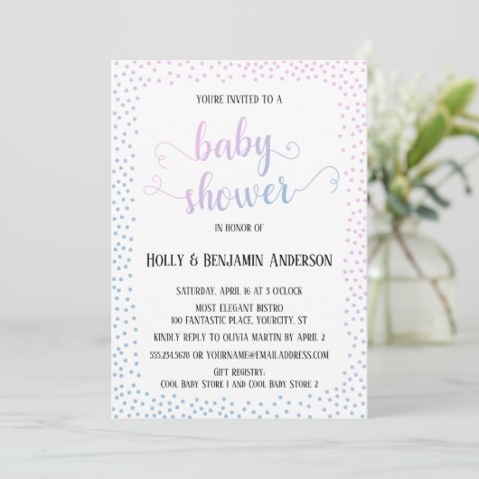 Roze blauwe Confetti TypografieBaby Shower Kaart (Staand voorkant)