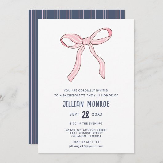Roze Blauwe Coquette Bow Bachelorette Party Kaart (Voorkant / Achterkant)
