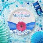 Roze blauwe Damask Daisy First Communie Papieren Bordje (Feest)