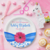 Roze blauwe Damask Daisy First Communie Papieren Bordje (Feest)