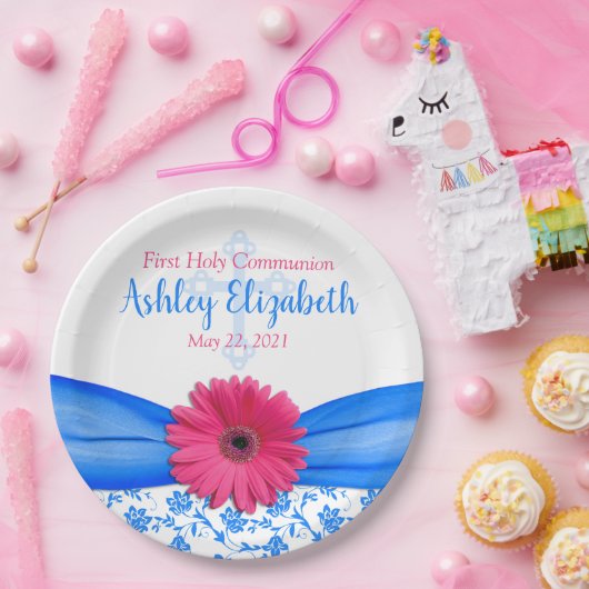 Roze blauwe Damask Daisy First Communie Papieren Bordje (Feest)