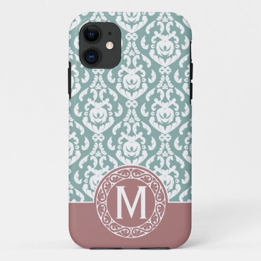 Roze Blauwe Damast Monogram Case-Mate iPhone Case (Achterkant)