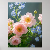 Roze Blauwe delicate bloemen Poster (Voorkant)