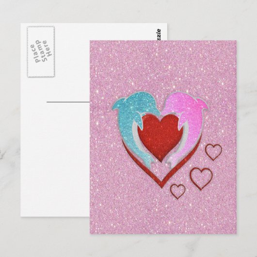 Roze blauwe dolfijnen met rood hart briefkaart (Voorkant / Achterkant)