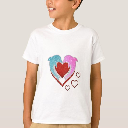 Roze blauwe dolfijnen met rood hart t-shirt (Voorkant)