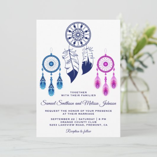 Roze Blauwe Droom Catcher Bruiloft Uitnodiging (Staand voorkant)