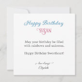 ROZE & BLAUWE EENHOORN VERSIERDE KINDEREN VERJAARD KAART (Achterkant)