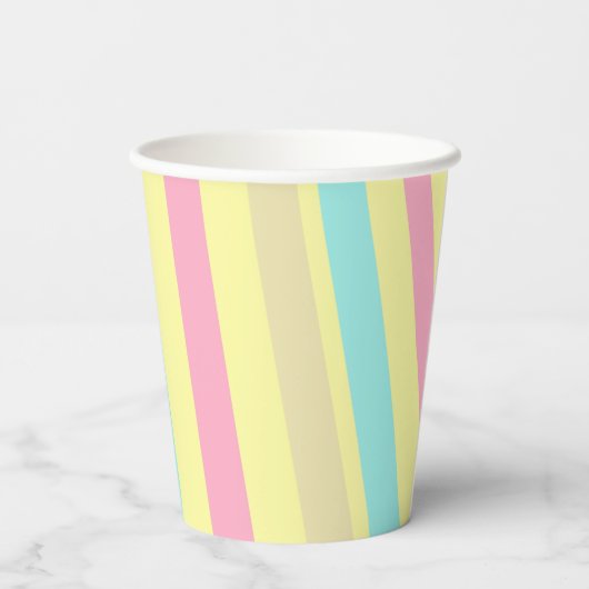 Roze, blauwe en bruine strepen op geel papieren bekers (Achterkant)