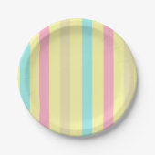 Roze, blauwe en bruine strepen op geel papieren bordje (Voorkant)