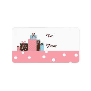 Roze, blauwe en chocolade bruine verpakkingen etiket