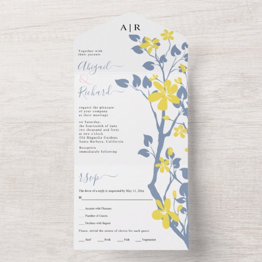 Roze blauwe en gele vertakking met bloemen bruilof all in one uitnodiging (Binnen)