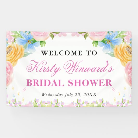 Roze, blauwe en gele zomerbloemen Bruidsdouche Spandoek (Horizontaal)