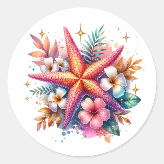 Roze, Blauwe en Gouden Kustzeesterren Strand Ronde Sticker (Voorkant)
