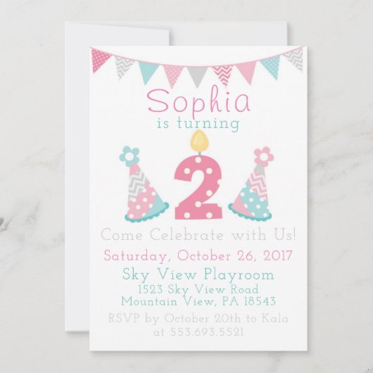 Roze blauwe en grijze 2e verjaardag Uitnodigingen (Voorkant)