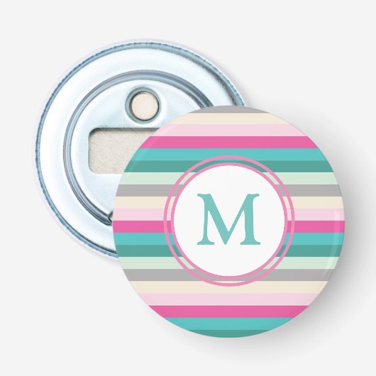 Roze Blauwe en Groene Monogram Strepen Button Flesopener (Voorkant)