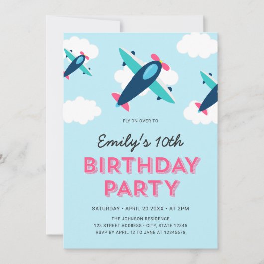 Roze, Blauwe en Groene Vliegtuig Verjaardagsfeestj Kaart (Voorkant)