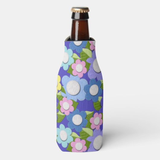 Roze blauwe en Paarse viltstijlbloemen, zodat ze l Flesjeskoeler (Fles Voorkant)