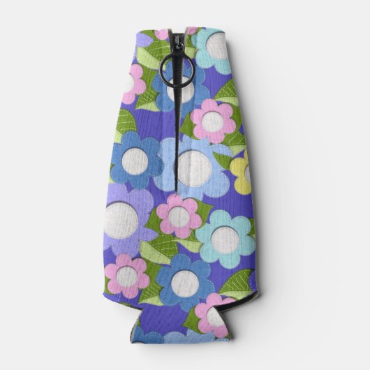 Roze blauwe en Paarse viltstijlbloemen, zodat ze l Flesjeskoeler (Achterkant)