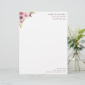 Roze, blauwe en Paarse Waterverf Vloer & Bladeren Briefhoofd Sjabloon (Staand voorkant)